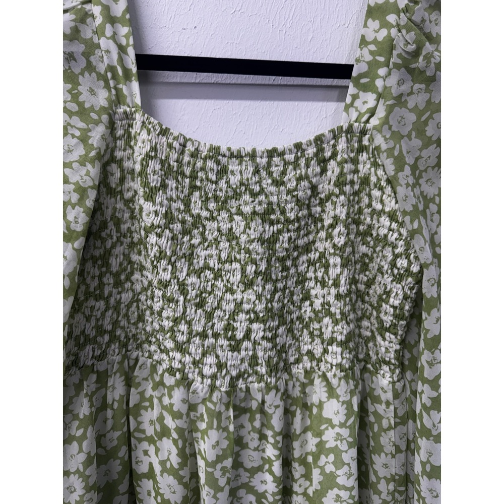 Lulu's Fresh Season Green Floral Smocked Balloon Sleeve Cottage Mini Dress Sz L - Picture 11 of 13